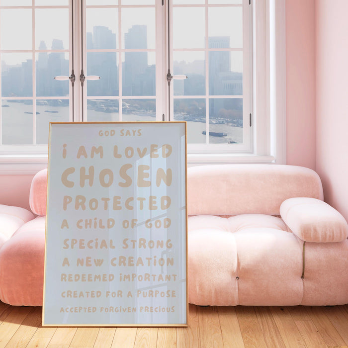 God Says I Am Loved Christian Scripture Gift  Poster Beige Blue Neutral Wall Art Printable Maximalist Christian Print Dorm Digital Download