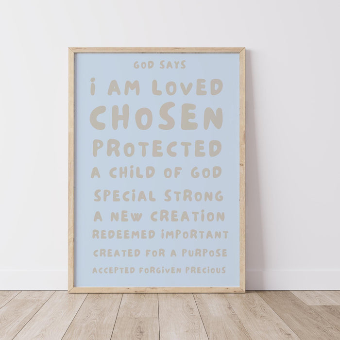 God Says I Am Loved Christian Scripture Gift  Poster Beige Blue Neutral Wall Art Printable Maximalist Christian Print Dorm Digital Download