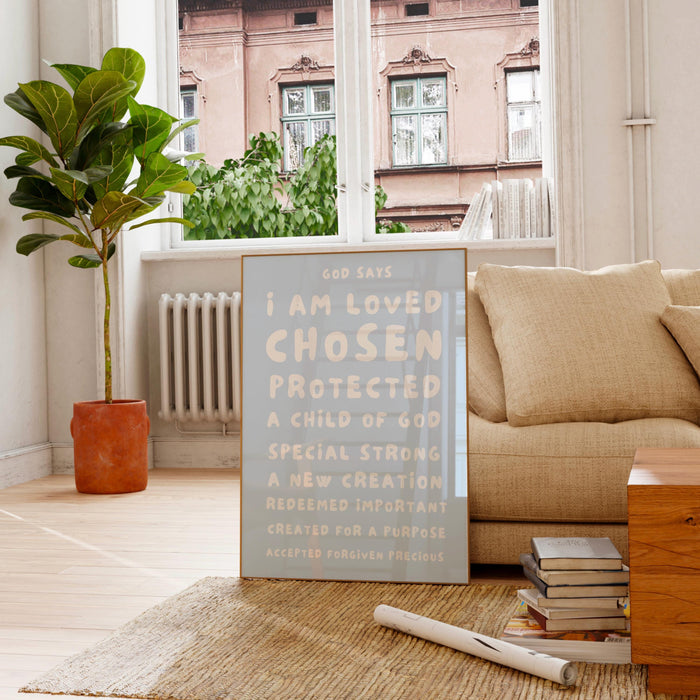 God Says I Am Loved Christian Scripture Gift Baby Blue Poster Nursery Wall Art Printable Maximalist Christian Dorm Digital Download