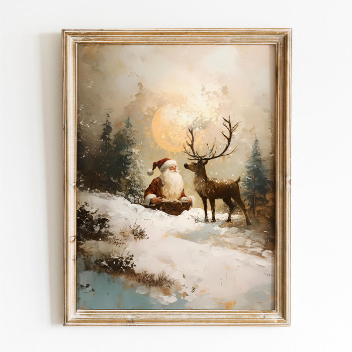 Traditional Santa Reindeer Neutral Christmas Prints Vintage Wall Art Retro Xmas Printable Cosy Printable Cute Xmas Decor Santa Digital Print