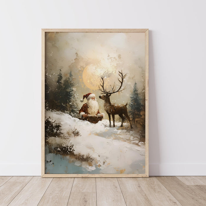 Traditional Santa Reindeer Neutral Christmas Prints Vintage Wall Art Retro Xmas Printable Cosy Printable Cute Xmas Decor Santa Digital Print