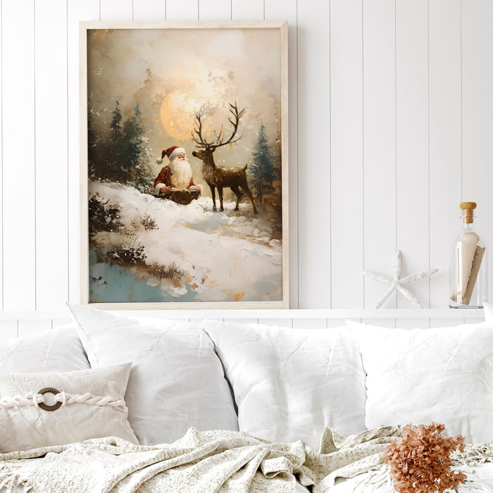 Traditional Santa Reindeer Neutral Christmas Prints Vintage Wall Art Retro Xmas Printable Cosy Printable Cute Xmas Decor Santa Digital Print