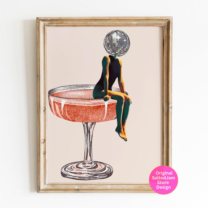 Disco ball head poster, funky disco 70s print, retro wall art, digital artwork, luxury mirrorball printable, girly dorm room artt trendy