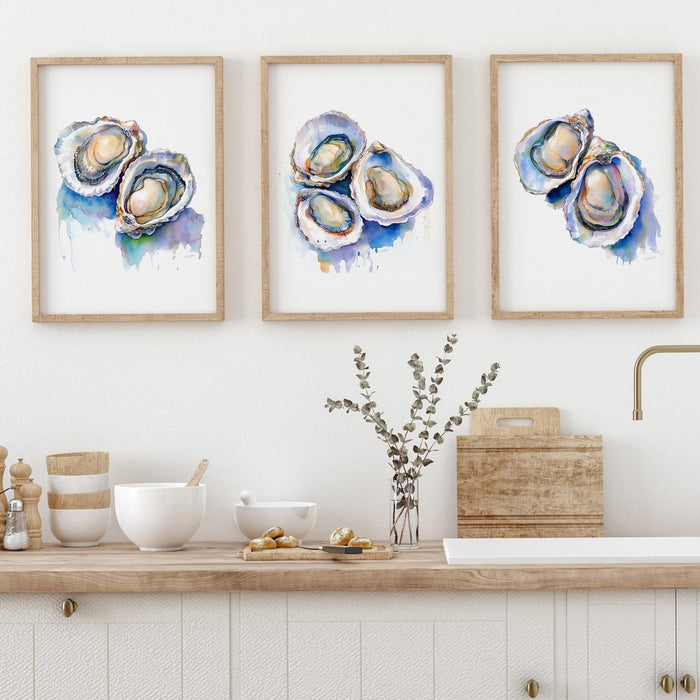 Oyster Painting Colorful Pastel Abstract Coastal Beach House Wall Art Seashells Print Summer Oyster Shell Kitchen Print Digital Art Set of 3