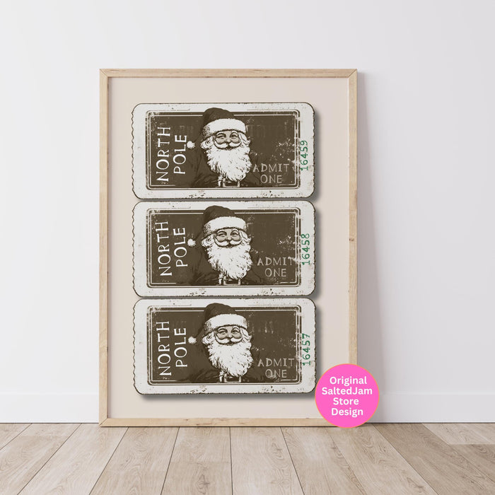 Vintage Christmas Print North Pole Ticket Print Santa Retro Christmas Santa Christmas Prints Funny Xmas Wall Art Holiday Decor Digital Print