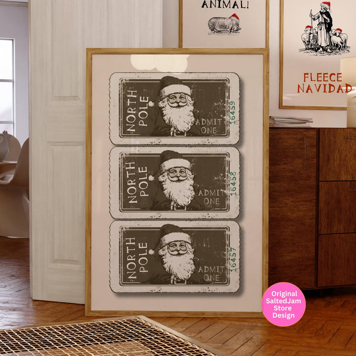 Vintage Christmas Print North Pole Ticket Print Santa Retro Christmas Santa Christmas Prints Funny Xmas Wall Art Holiday Decor Digital Print