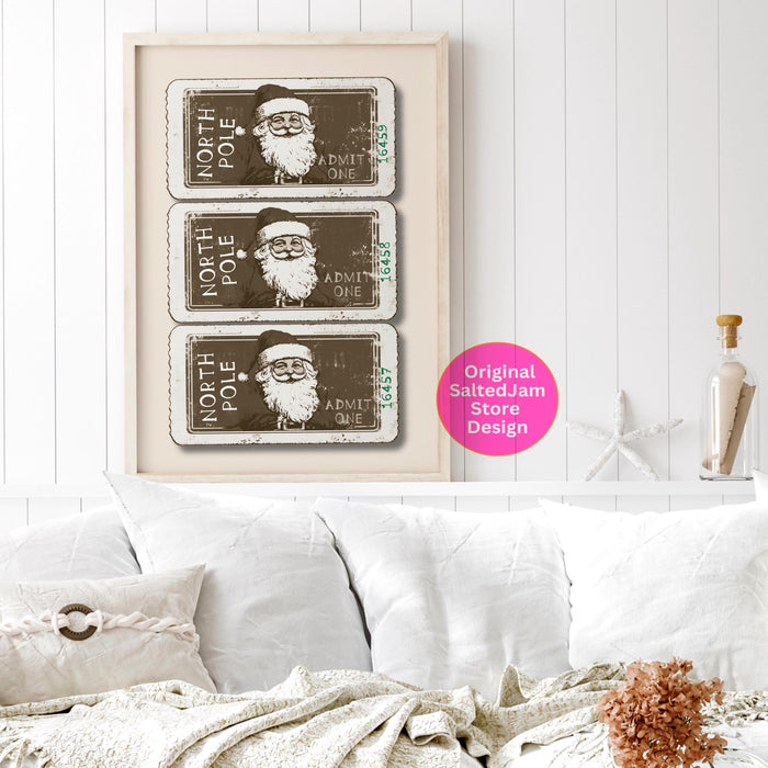 Vintage Christmas Print North Pole Ticket Print Santa Retro Christmas Santa Christmas Prints Funny Xmas Wall Art Holiday Decor Digital Print