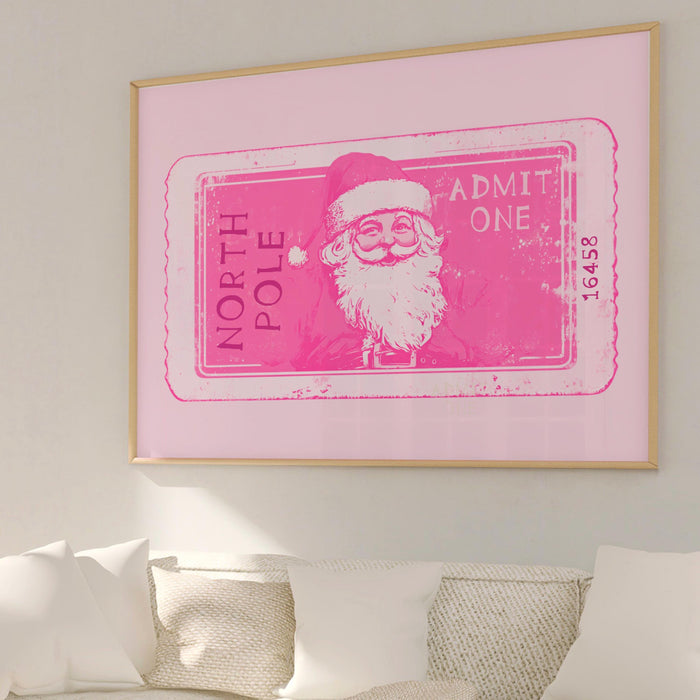 Pink Christmas Prints North Pole Ticket Print Santa Retro Vintage Christmas Pink Wall Art Xmas Holiday  Decor Funny Cute Pink Digital print
