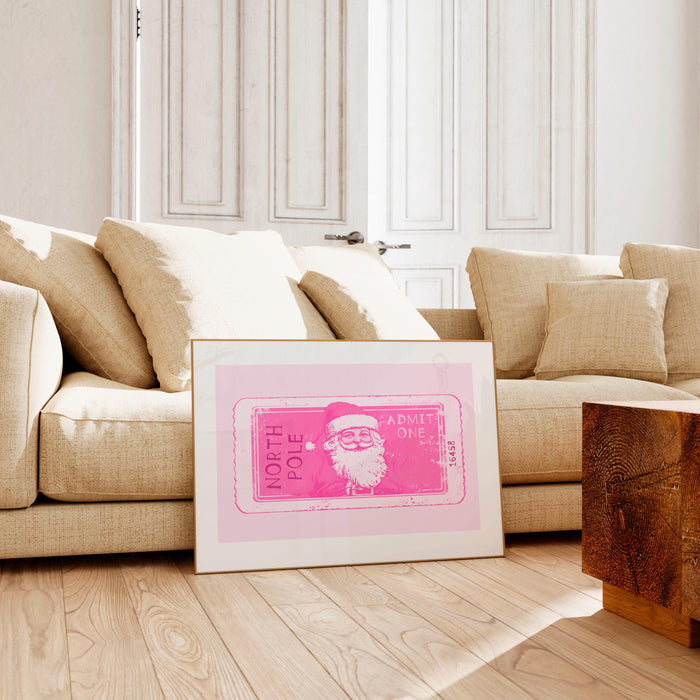 Pink Christmas Prints North Pole Ticket Print Santa Retro Vintage Christmas Pink Wall Art Xmas Holiday  Decor Funny Cute Pink Digital print