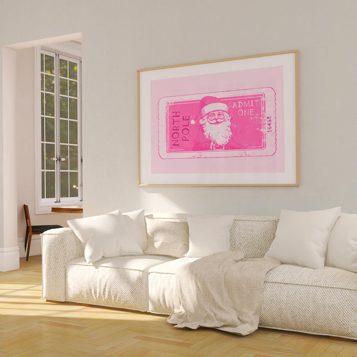 Pink Christmas Prints North Pole Ticket Print Santa Retro Vintage Christmas Pink Wall Art Xmas Holiday  Decor Funny Cute Pink Digital print