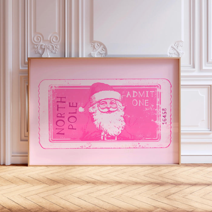 Pink Christmas Prints North Pole Ticket Print Santa Retro Vintage Christmas Pink Wall Art Xmas Holiday  Decor Funny Cute Pink Digital print