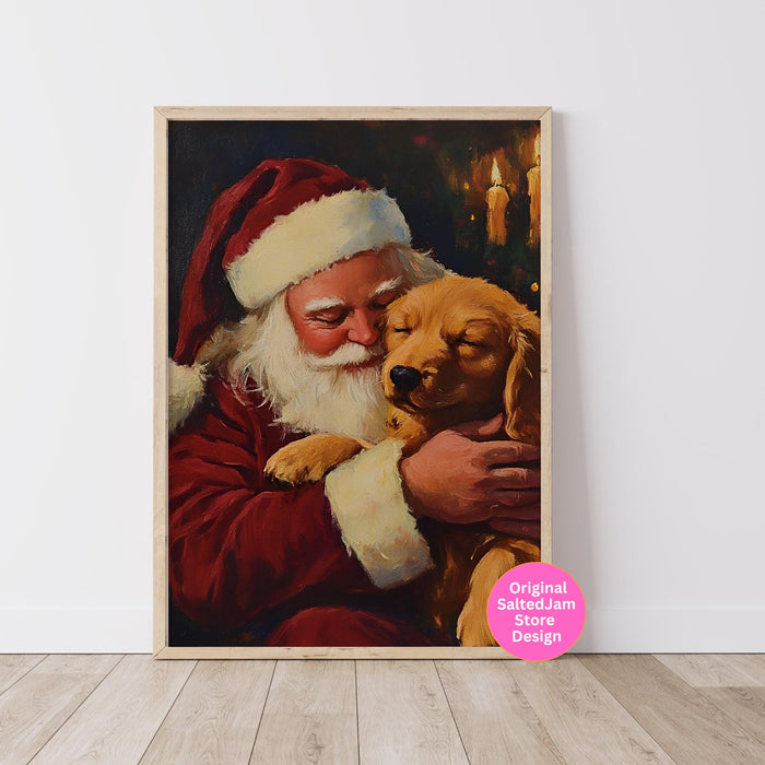 Vintage Christmas Print Santa Printable Dog Painting Traditional Santa Vintage Christmas Art Prints Red Wall Art Retro Xmas Digital Print
