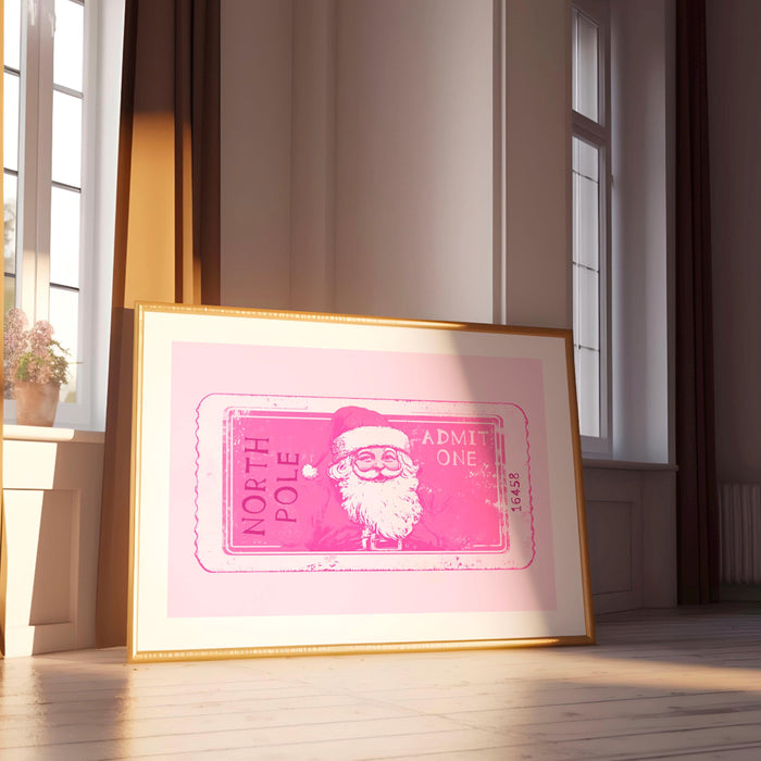Pink Christmas Prints North Pole Ticket Print Santa Retro Vintage Christmas Pink Wall Art Xmas Holiday  Decor Funny Cute Pink Digital print