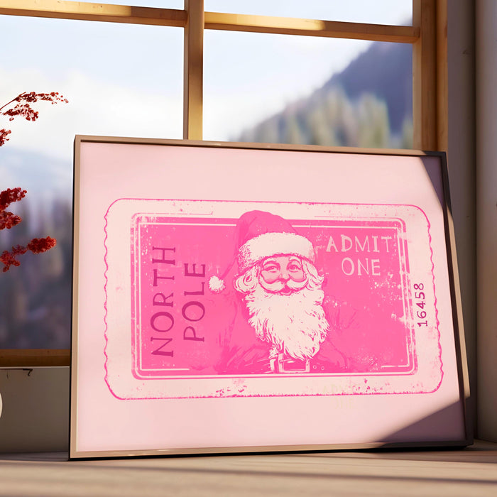 Pink Christmas Prints North Pole Ticket Print Santa Retro Vintage Christmas Pink Wall Art Xmas Holiday  Decor Funny Cute Pink Digital print