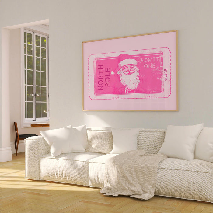 Pink Christmas Prints North Pole Ticket Print Santa Retro Vintage Christmas Pink Wall Art Xmas Holiday  Decor Funny Cute Pink Digital print