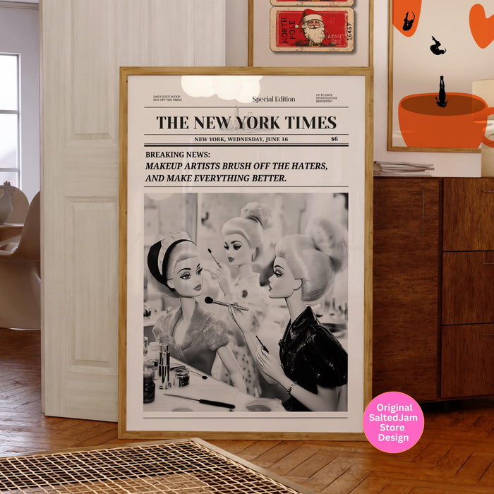 Trendy newspaper print makeup artist wall art preppy vintage wall decor, funny dorm decor, bar cart wall art retro doll funny printable