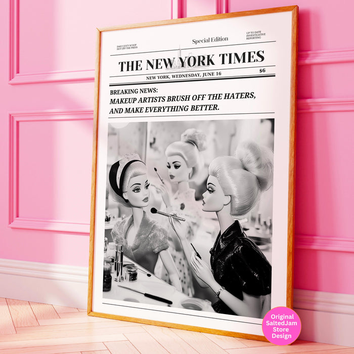 Trendy newspaper print makeup artist wall art preppy vintage wall decor, funny dorm decor, bar cart wall art retro doll funny printable