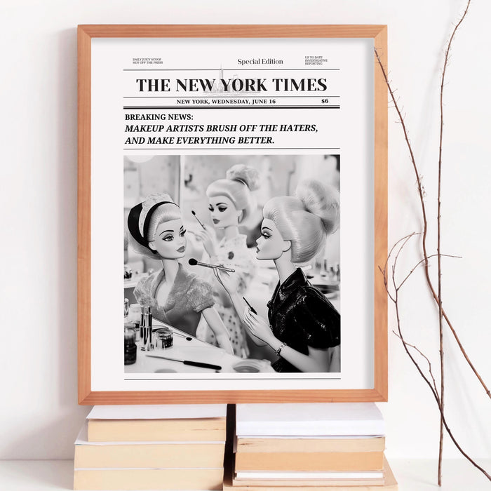 Trendy newspaper print makeup artist wall art preppy vintage wall decor, funny dorm decor, bar cart wall art retro doll funny printable