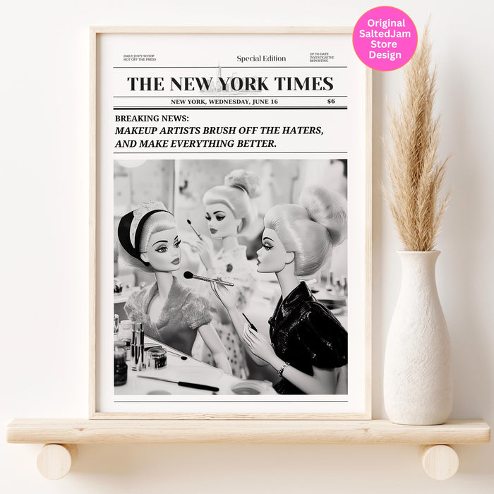 Trendy newspaper print makeup artist wall art preppy vintage wall decor, funny dorm decor, bar cart wall art retro doll funny printable