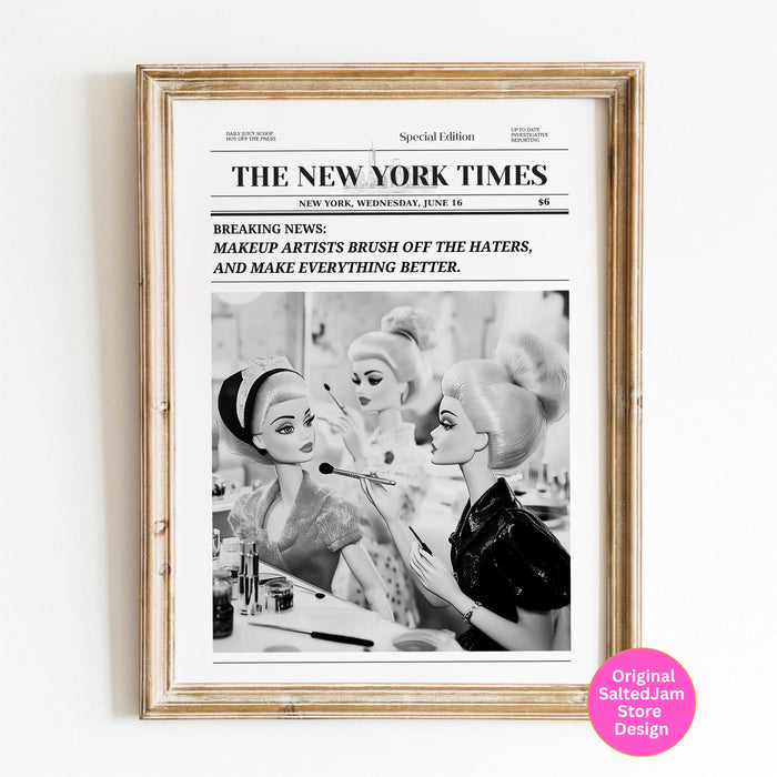 Trendy newspaper print makeup artist wall art preppy vintage wall decor, funny dorm decor, bar cart wall art retro doll funny printable