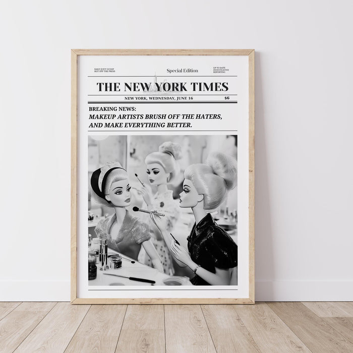 Trendy newspaper print makeup artist wall art preppy vintage wall decor, funny dorm decor, bar cart wall art retro doll funny printable