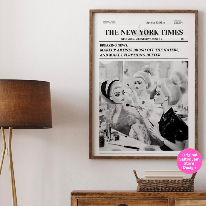 Trendy newspaper print makeup artist wall art preppy vintage wall decor, funny dorm decor, bar cart wall art retro doll funny printable